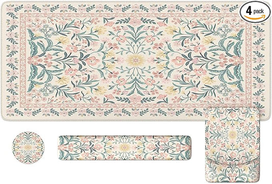 iLeadon Pink Desk Mat Set Cute, Non-Slip Mouse and Keyboard Pad Mat for Desk, Ergonomic Desk Mouse Pad Extra Large, Floral Teacher Desk Mat with Wrist Rest for Women Home Office