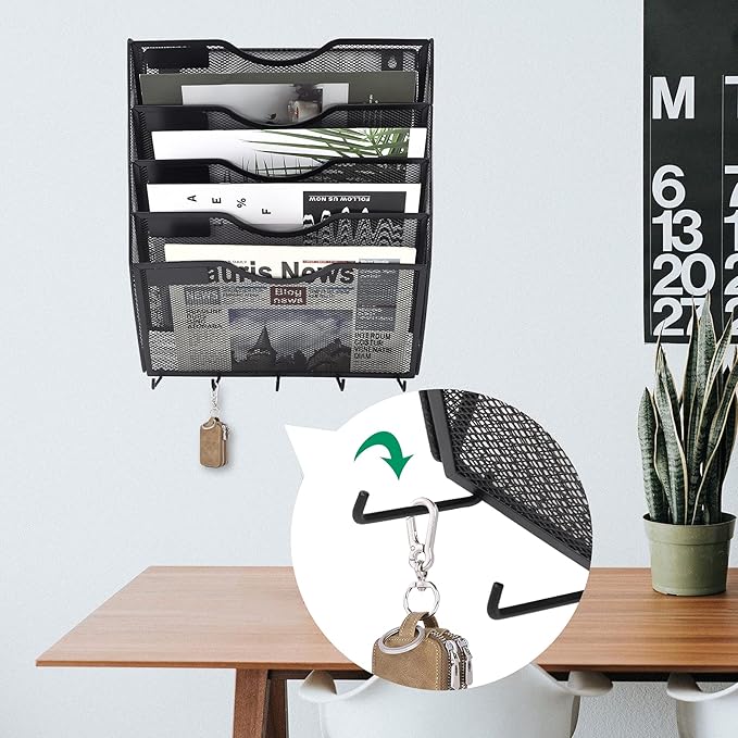 EASEPRES 5 Pocket Mesh Hanging File Organizer with Key Holder Hooks & Nametag Label, Wall Mounted Mail Paper Document Folder Storage Organization Magazine Rack for Office Cubicle, 5 Tier Black