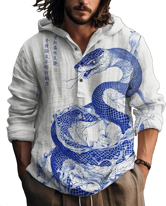 MARSVOVO Hooded Long Sleeve Shirt Men Fashion Graphic Button Up Lightweight Big and Tall Casual Vacation Shirts for Men