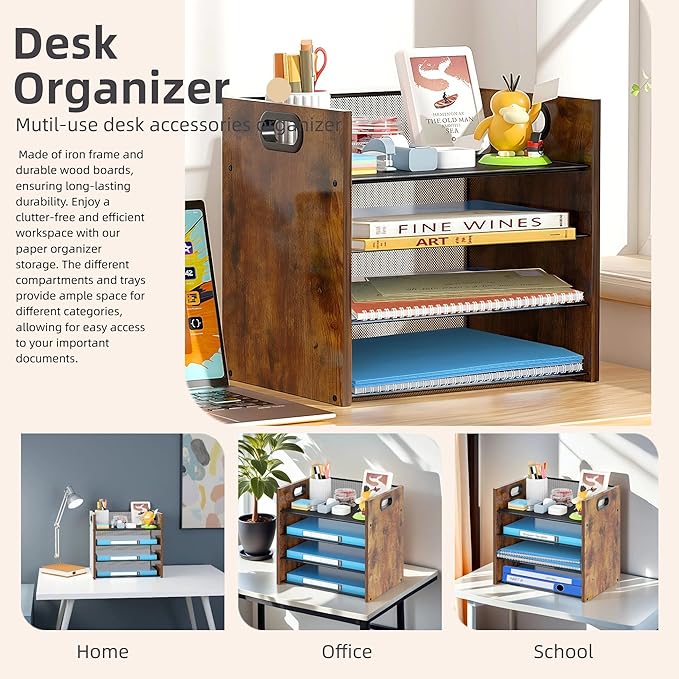 Wood Desk Organizer - 4-Tier Desktop File Organizer, Wooden Paper Organizer, Office Desk Organizer for Papers, Mail, Notebooks, Stationery