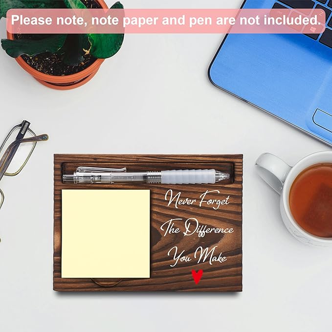 Appreciation Gifts for Coworker, Thank You Gifts, Never Forget The Difference You Make Sticky Note Holder, Post-it Note Dispenser for Desk, Wooden Post-it Note & Pen Holder 6.5" x 4.7" - FTA115
