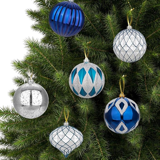 Hollyone 4 Inch Blue & Silver Christmas Ornaments - 12 Pcs Shatterproof Tree Balls for Xmas Tree Decor & Holiday Party Wreath Home Decor