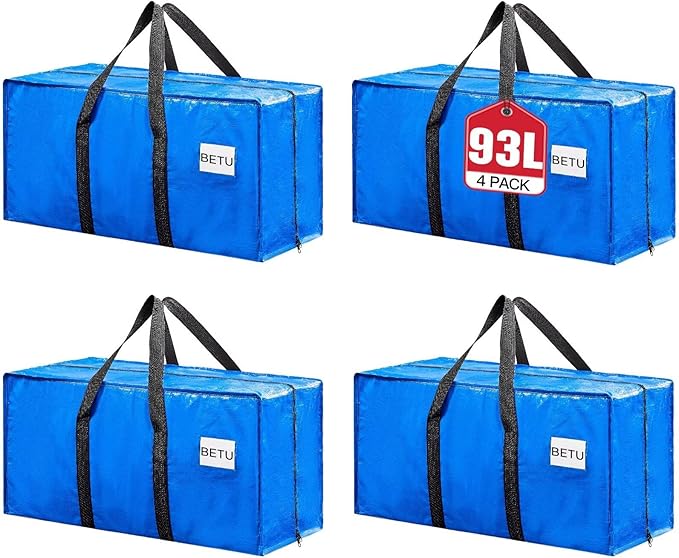 BETU Extra Large Moving Bags Heavy Duty Storage Bags with Zipper Handles, 4 Pack Clothes Storage Totes Bins Packing Moving Boxes, Moving Supplies for College Dorm Essentials, Space Saving, Blue