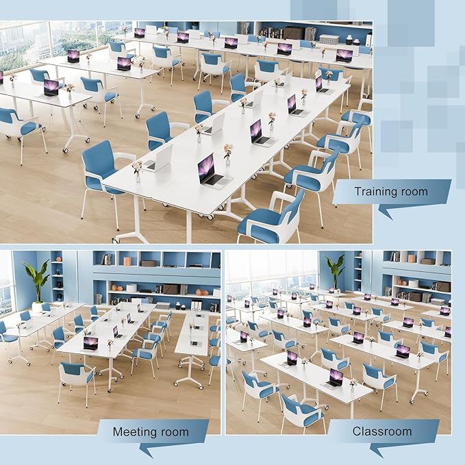 4Pack Folding Conference Room Table, Modern Conference Tables with Silent Wheels, Large Rectangular Mobile Training Tables for Office Classroom, Foldable Modular Seminar Table White (L55.1in)