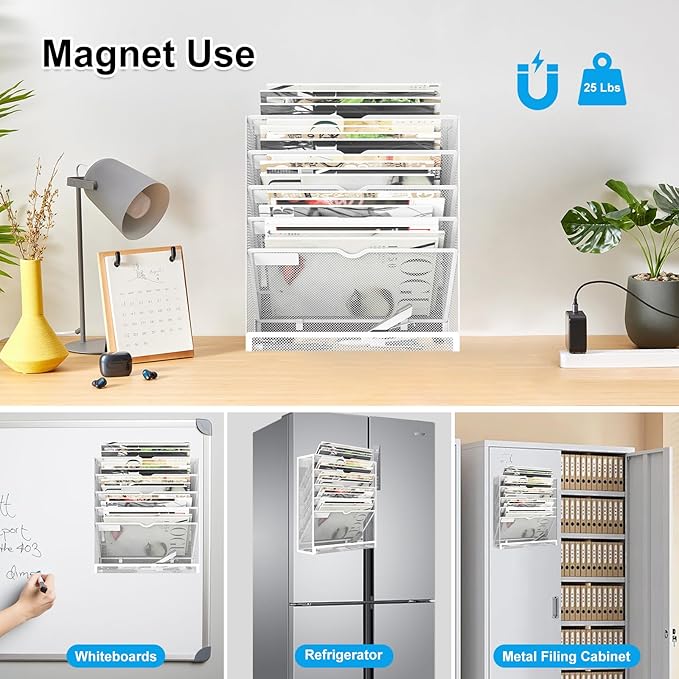 6 Tier Magnetic File Holder, Large Capacity Mesh Hanging Wall Organizer Vertical Magnetic Hanging File Organizer, Magnetic File Folder Holder for File Cabinets, Office, Whiteboard (White)