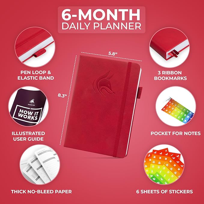 Clever Fox Daily Planner – Undated Planning Notebook with Hourly Schedule & To-Do List – Personal Day Task & Work Organizer, 6 Months (Red)