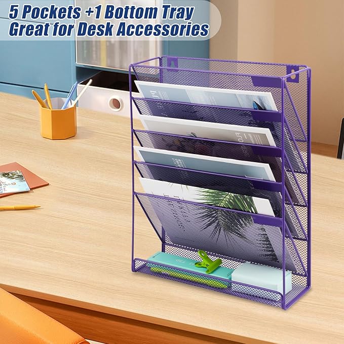 EASEPRES Desk File Organizer Mesh 6-Tier, Hanging Wall Mount Document Organization Stand, Desktop Vertical Mail Paper Folder Holder Rack with Bottom Tray for Office Home Cubicle Countertop, Purple