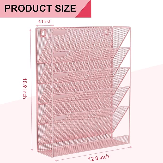 Wall File Organizer Holder Mesh Hanging Paper Document Holder, Vertical 6 Pocket Tier for Office Home, Light Pink
