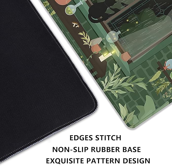 Black Cat Mouse Pad Green Plants Desk Mat Pad Anime Large Gaming Cartoon Cute Mouse Pad,Stitched Edges Non-Slip Waterproof Rubber Base Mous Mat for Office Home Work Gaming(27.5X11.8 in)
