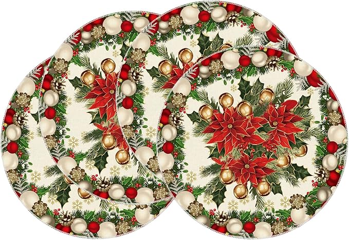 XCHI Christmas Poinsettias Leaves Bells Snowflakes Winter Xmas Round Placemats Set of 4 Table Mats for Party Home Kitchen Dining Table Decorations 14x14 Inch