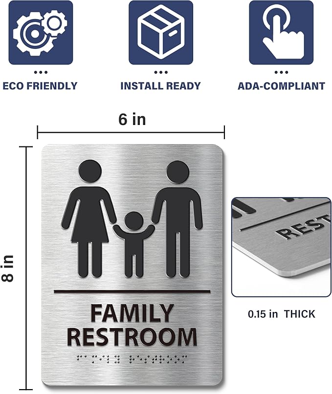 ADA-Compliant Family Restroom Sign with Braille – Modern Aluminum Bathroom Sign for Public Facilities, Airports, Malls, Restaurants, and Offices, Easy Installation - 6" W x 8" H