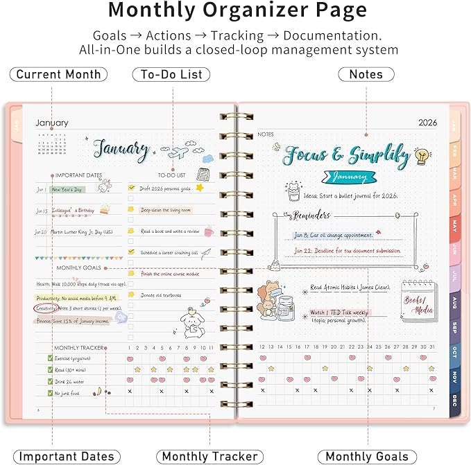 RETTACY 2026-2027 Monthly Planner, Jan 2026 - Dec 2027, Medium Size (5.7" x 8.3"), Agenda, Calendar, 24 Month Tabs, Flexible Plastic Cover, 100 GSM Thick Paper, Spiral-bound (Pink)