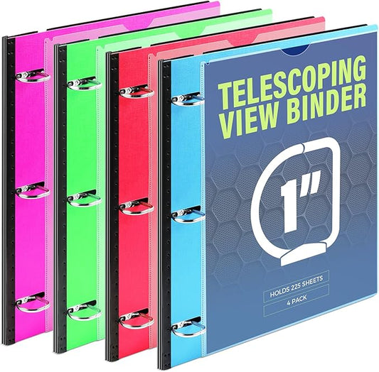 WOT I 4-Pack Telescoping 3 Ring Binder 1 Inch, Expandable Flexible Binder - Patented Design for Easy Portability, Holds 225 Sheets, 4 Bright Colors, Perfect for School, Office&Home Organization