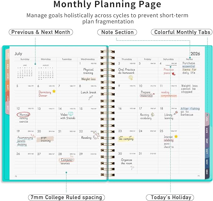 RETTACY 2026 Planner, Weekly and Monthly, Large Size (8.5" x 11"), Jan - Dec 2026, Agenda, Calendar, 12 Month Tabs, Flexible Plastic Cover, 100 GSM Thick Paper, Spiral-bound (Tiffani Blue)
