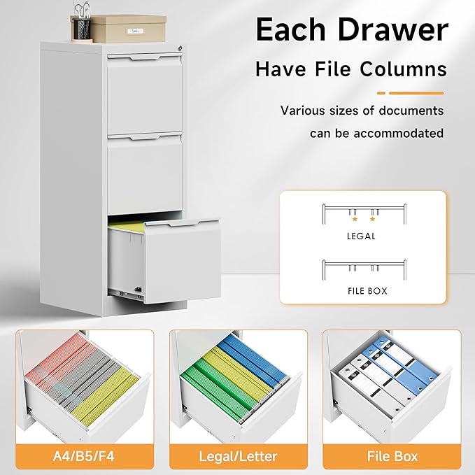 Bestoo 17.8" D File Cabinet, 3 Drawer Metal Filing Cabinets with Lock, Locking Vertical File Cabinet for Letter/Legal/A4/F4 Size, Easy Assemble (White)