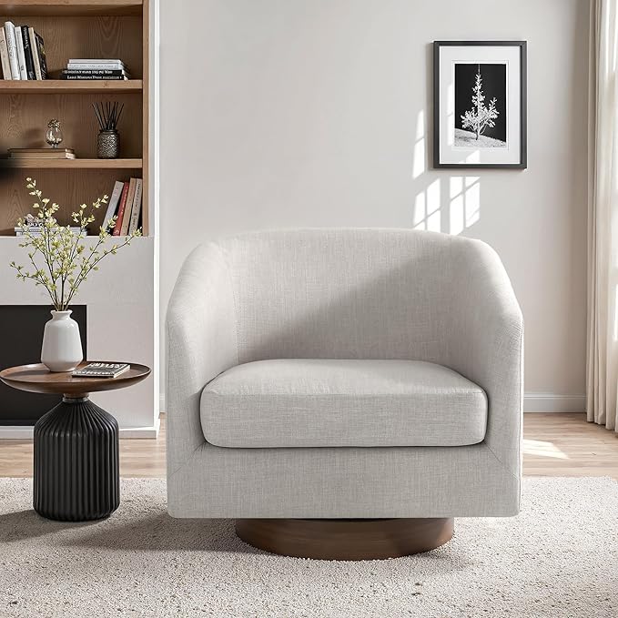 UIXE Swivel Accent Chair with Wood Base, Fabric Upholstered Barrel Chairs for Living Room, Comfy Round Armchair Single Sofa Bedroom Reading Seat - 31" W, Khaki