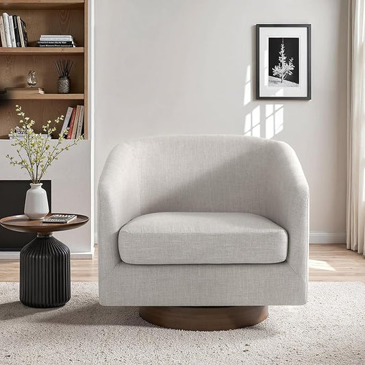 UIXE Swivel Accent Chair with Wood Base, Fabric Upholstered Barrel Chairs for Living Room, Comfy Round Armchair Single Sofa Bedroom Reading Seat - 31" W, Khaki