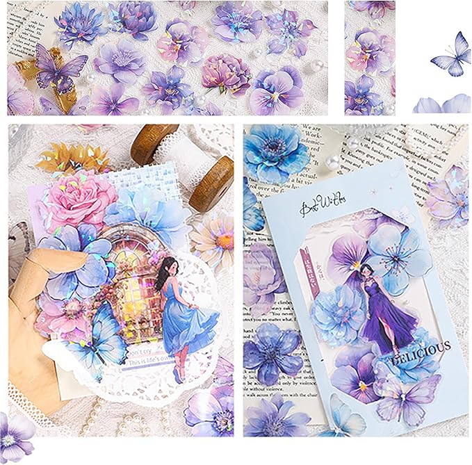 Doraking 60 Pieces Glitter Shiny Flower Stickers for Journaling, Waterproof Decorative Decal for Scrapbooking Supplies Journal Planners Art Crafts Photo Album Decor (Purple)