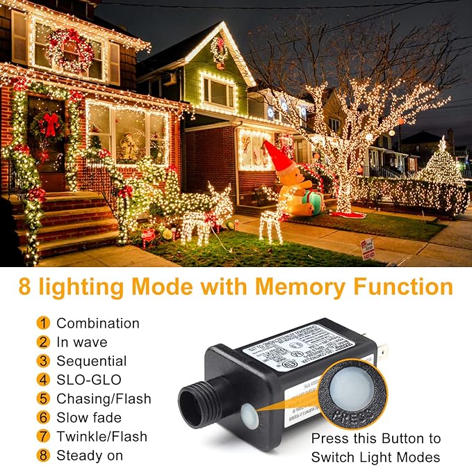 Haili 1000 Led Christmas Lights, Plug in 8 Lighting Modes Waterproof, Outdoor Christmas Lights for Tree Yard Party Indoor Outside Decorations (393FT, Warm White)