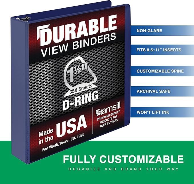 Samsill Durable 1.5 Inch Binder, Made in The USA, D Ring Binder, Customizable Clear View Cover, Midnight Blue, Holds 350 Pages