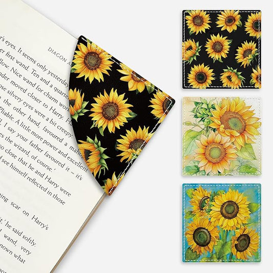 Sunflower Corner Bookmarks, Funny Leather Book Accessories for Book Lovers, 3 Pcs Reading Book Page Markers for Women Men Student Teacher Girls Boys Kids Retirement Birthday Gifts