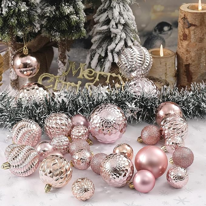 Christmas Balls Ornaments -36pcs Shatterproof Christmas Tree Decorations with Hanging Loop for Xmas Tree Wedding Holiday Party Home Decor,6 Styles in 3 Sizes(Rose Gold)
