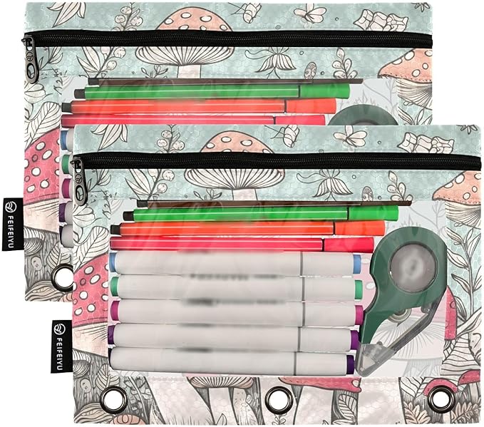 ZAZYXTJ Personalized Mushrooms Binder Pencil Pouchs 3 Ring with Zipper Clear Window Office Organizers bag for School Students Teacher Supplies 2 Pack
