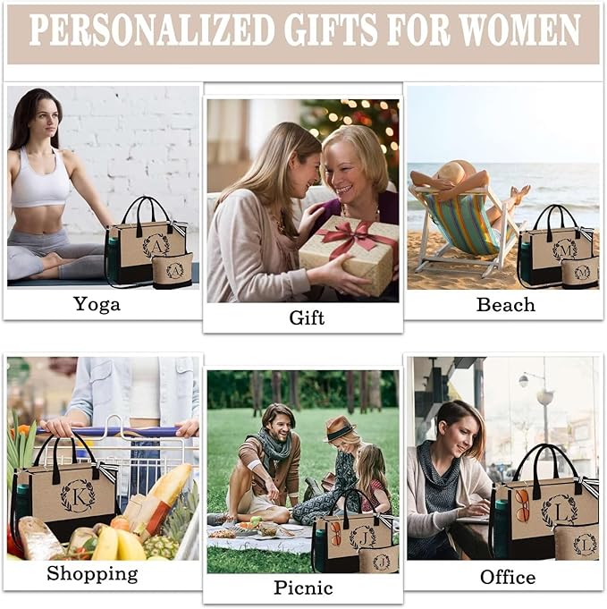 YOOLIFE Personalized Gifts for Women - Initial Jute Tote Bag & Makeup Bag, Birthday Gifts for Women Mom Wife Teacher Friend
