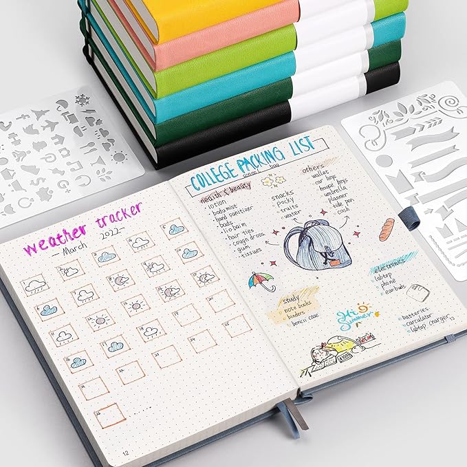 AHGXG Bullet Dotted Journal - 320 Numbered Pages Dot Grid Notebook A5 Thick Journal, 100gsm Thick Dotted Paper, Leather Hardcover,Inner Pocket, 5.75'' × 8.38'' - Black