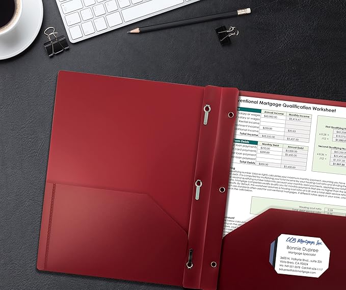 Better Office Products Burgundy Plastic 2 Pocket Folders with Prongs, 24 Pack, Heavyweight, Letter Size Poly Folders with 3 Metal Prongs Fastener Clips, Burgundy Red