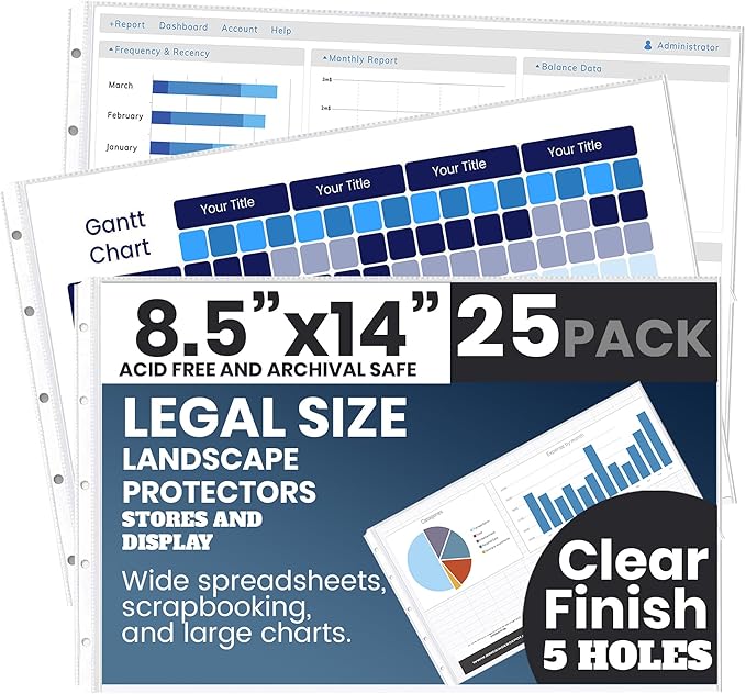 PERFORMORE Pack of 8.5” x 14” Heavyweight Landscape Sheet Protectors, Legal Paper Sleeves, Clear Archival Quality, Horizontal Legal Size Clear Sheet Protectors for Binders Documents (25)