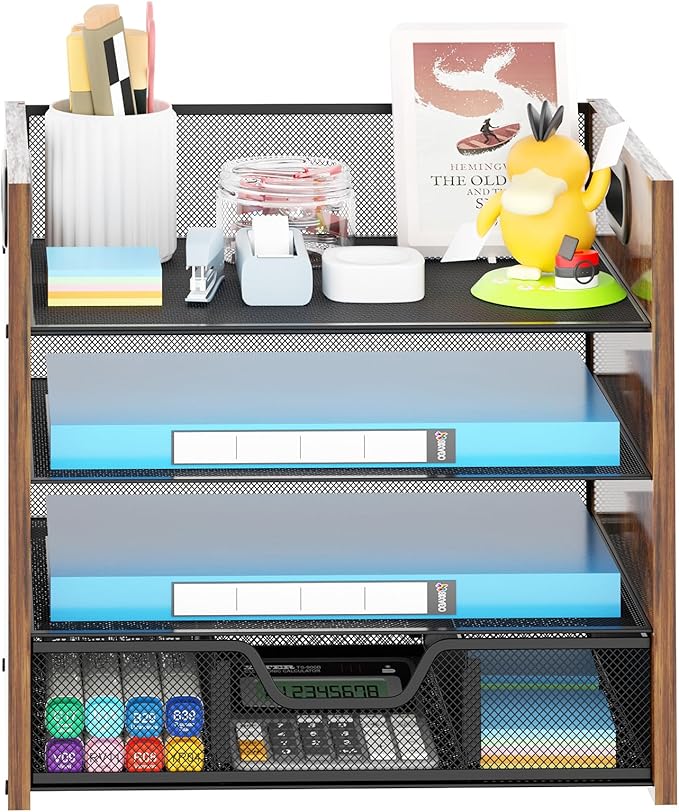 Wood Desk Organizer - 4-Tier Desktop File Organizer with Drawer, Wooden Paper Tray, Office Desk Organizer for Papers, Mail, Notebooks, Stationery