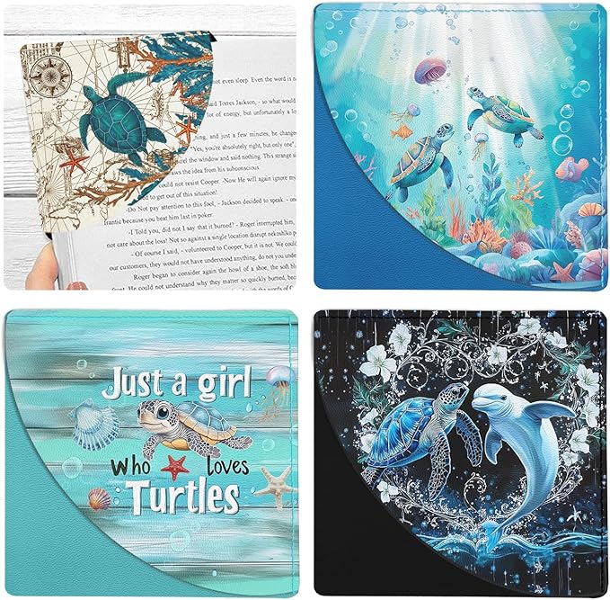4 Pcs Sea Turtle Corner Bookmarks, Cute Leather Book Accessories for Book Lovers, Funny Reading Book Page Markers for Women Girls Men Teacher Student Boys Kids Retirement Birthday Gifts