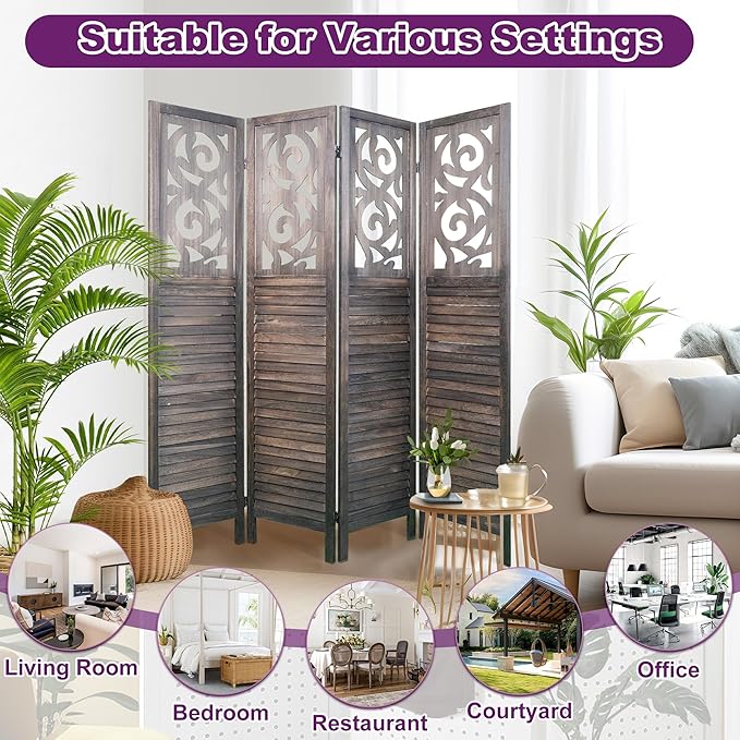 Room Divider, 5.6FT Folding Room Divider Panel, 4 Panel Craved Wood Partition Wall Divider for Room Separation, Rustic Brown