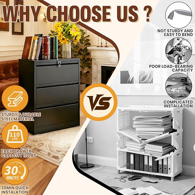 3-Drawer Lateral File Cabinet with Lock, Black Metal Filing Cabinet for Office or Home – Secure Storage for Letter/Legal/A4/F4 Documents, Easy to Assemble Locking File Organizer (Black, 3 Drawer-40"H)