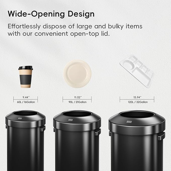 EKO Urban 24 Gallon Round Black Stainless Steel Open Top Waste Bin, Tall Commercial Trash Can for Indoor/Outdoor, Extra Large Metal Garbage Bin for Office, Restaurant, Restroom, 90L