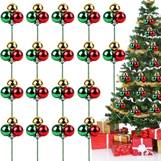 YIYA 18 PCS Christmas Tree Picks Ornaments 3 Color Red Green Gold Xmas Decor on Wired Stems Shatterproof Xmas Ball Picks Branches for Tree Vase Wreath Garland Indoor Outdoor Garden Holiday Party Decor
