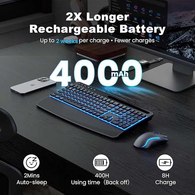 SABLUTE Wireless Keyboard and Mouse Combo, Rechargeable 4000mAh Light up Quiet Keyboard with Wrist Rest & Phone Holder, Ergonomic Silent Typing for PC/Mac/Laptop/Windows/Chrome OS