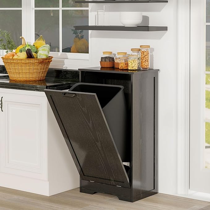 Tilt Out Kitchen Trash Can Cabinet, Pet Proof Wooden Kitchen Garbage Can with Lid, Hidden Laundry Basket Organizer, 10 Gallon Free Standing Bathroom Laundry Hamper Cabinet, Black