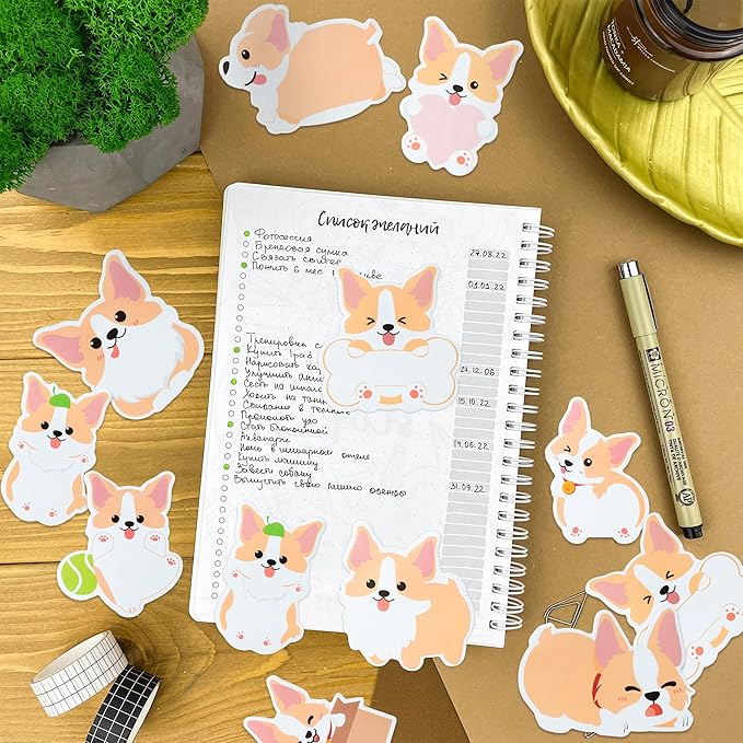 Xqumoi 30 Pack Corgi Sticky Notes - Cute Cartoon Corgi Self Sticky Notepads Writing Memo Pads Animal Page Marker for Back to School Office Supplies Party Favors Goodies Bag Fillers, Total 600 Sheets