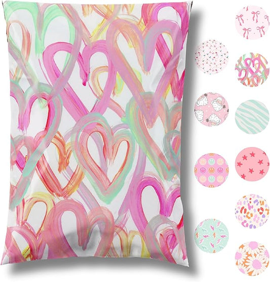 6x9 Designer Poly Mailer 100 Pack Heavy Duty Waterproof Self Seal Shipping Bags for Small Business Large Mailing Envelopes Bulk Tear Resistant Cute Packaging Happy Hearts
