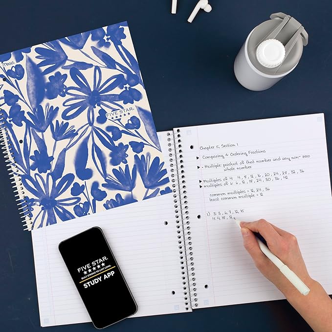 Five Star Spiral Notebook + Study App, 2 Pack, 1 Subject, College Ruled, 8-1/2" x 11", 80 Sheets, Fights Ink Bleed, Water Resistant Cover, Soft Petals (820331F-ECM)