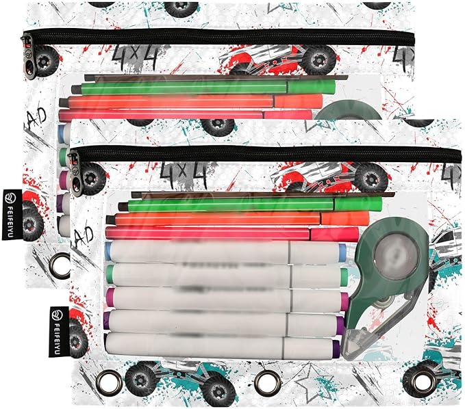 ZAZYXTJ Trucks Binder Pencil Pouchs 3 Ring with Zipper Clear Window Office Organizers bag for School Students Teacher Supplies 2 Pack