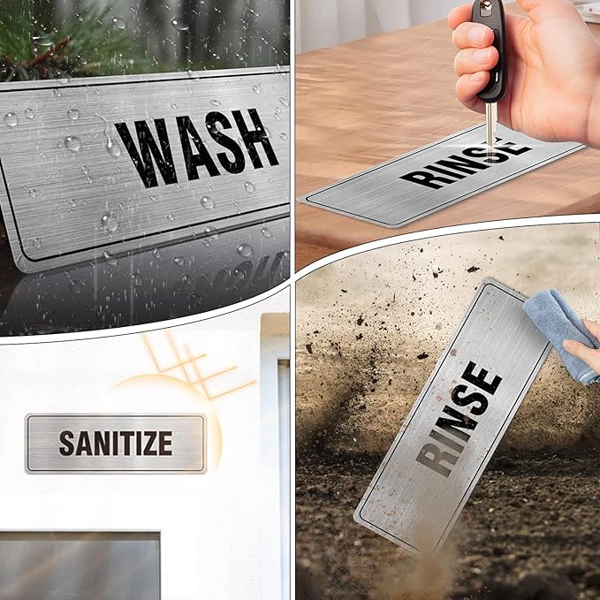 Wash Rinse Sanitize Sign Aluminum Silver 9 x 3 Inches Self-Adhesive Waterproof Metal Door Wall Sign for Business Offices 3 Pack