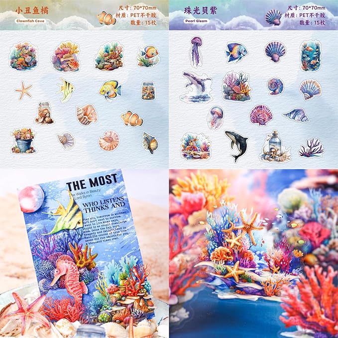 90 Pieces Ocean World Themed PET Sticker, Jellyfish Turtles Whales Dolphins Seahorses Sticker for Scrapbook DIY Crafts Planner Water Bottles Laptops