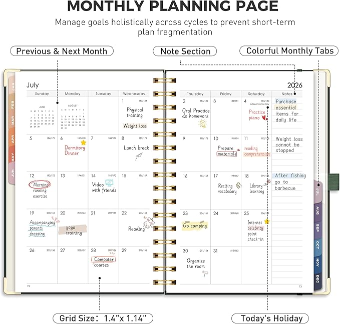 RETTACY 2026 Planner, Weekly and Monthly, Medium Size (5.7" x 8.3"), Jan - Dec 2026, Agenda, Calendar, 12 Month Tabs, Hardcover, 100 GSM Thick Paper, Spiral-bound (Dark Green)