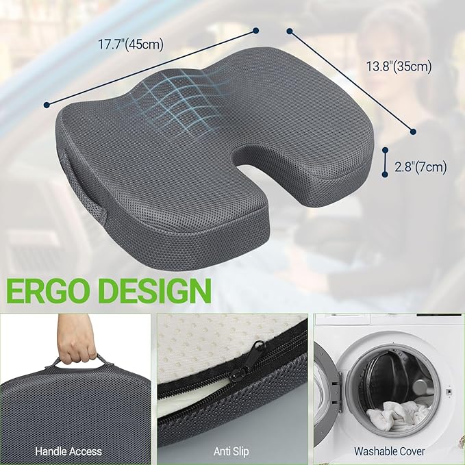 Gel Seat Cushion – Office Chair Cushion – Non-Slip Gel Memory Foam Coccyx Cushion for Tailbone Pain - Desk Chair Car Seat Cushion Driving - Sciatica Back Pain Relief, Mesh, Grey