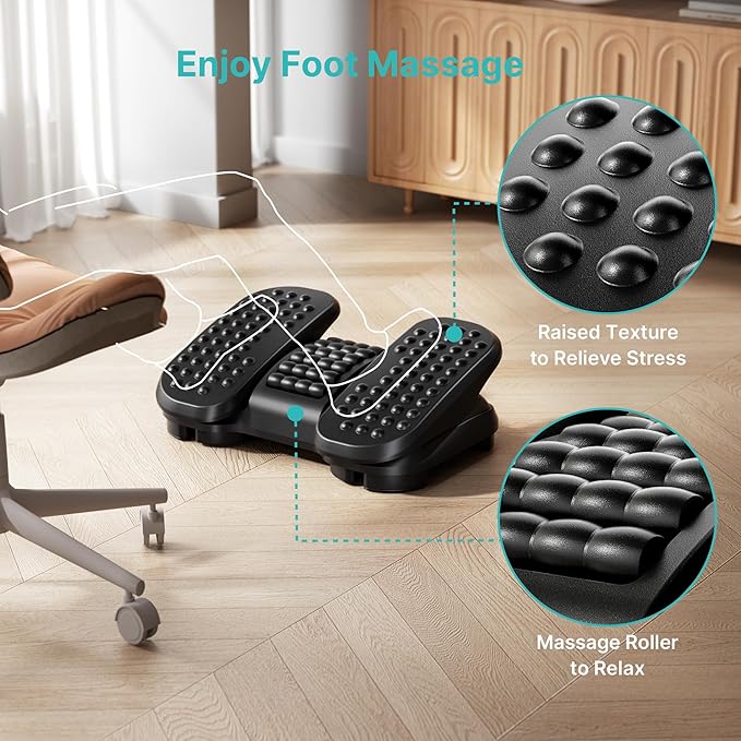 Foot Rest Under Desk with Massage Texture and Roller, Ergonomic Foot Stool with 2 Height Position, Adjustable Foot Rest for Under Desk at Work, Black