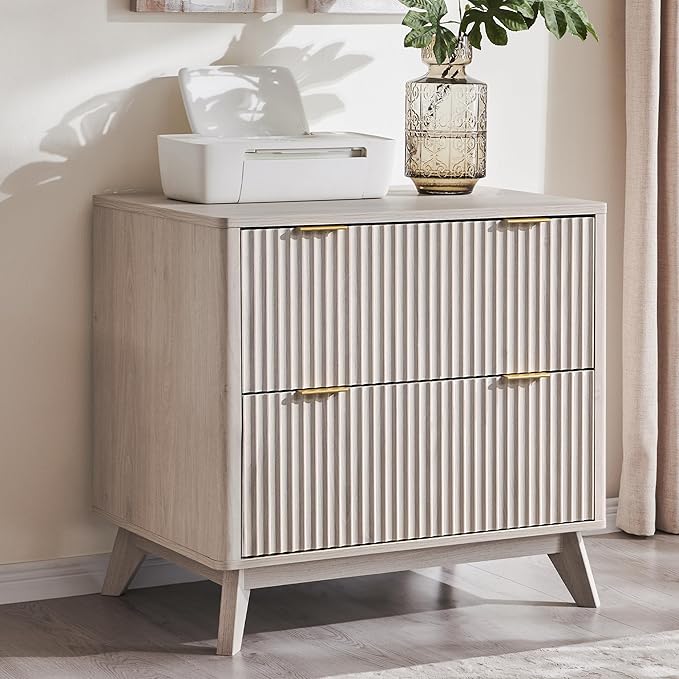 T4TREAM 2 Drawer File Cabinet, 31.8" W Fluted Lateral File Cabinet w/Files Hanging Rod for Letter/Legal/A4, Large Tabletop for Printer, Office Wood Printer Cabinets, Alder White (Gen 2)