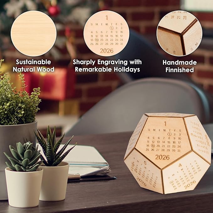 2026 Desk Calendar Wood Dodecahedron, DnD Gifts for Men, Funny Office Gifts for Coworkers, Unique Mens Desk Accessories, Christmas Gift Ideas for Boss Male, Employee, White Elephant Exchange